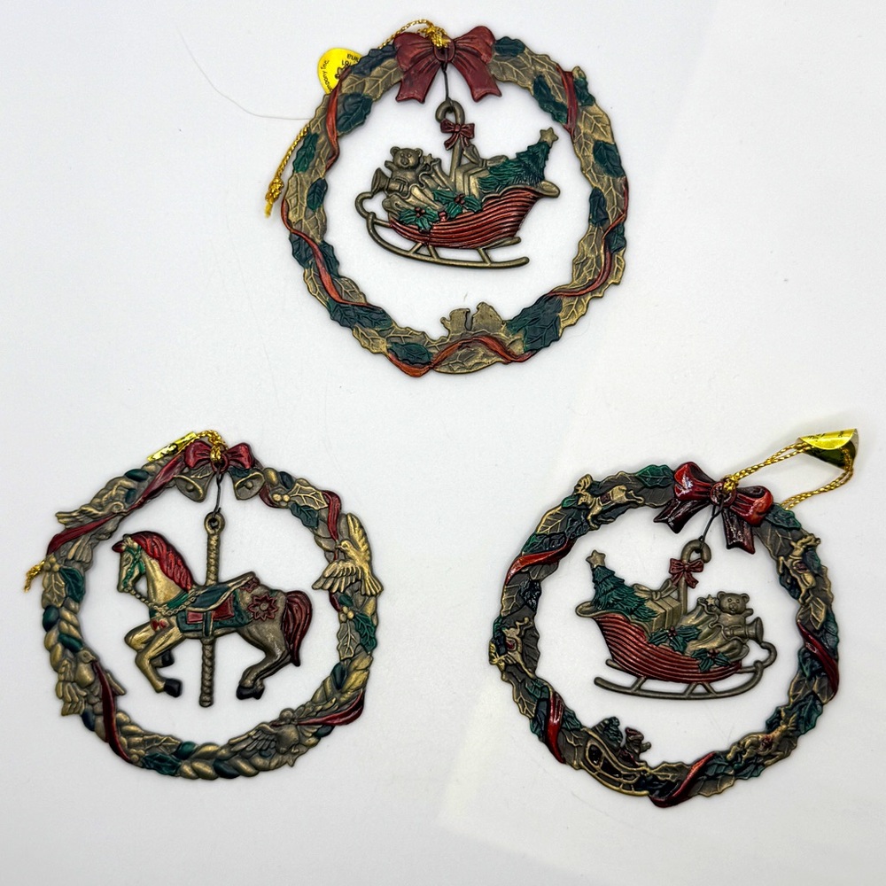 Vintage 90s Russ Heirloom Collection Christmas‎ Ornaments Sleigh Carousel Horse